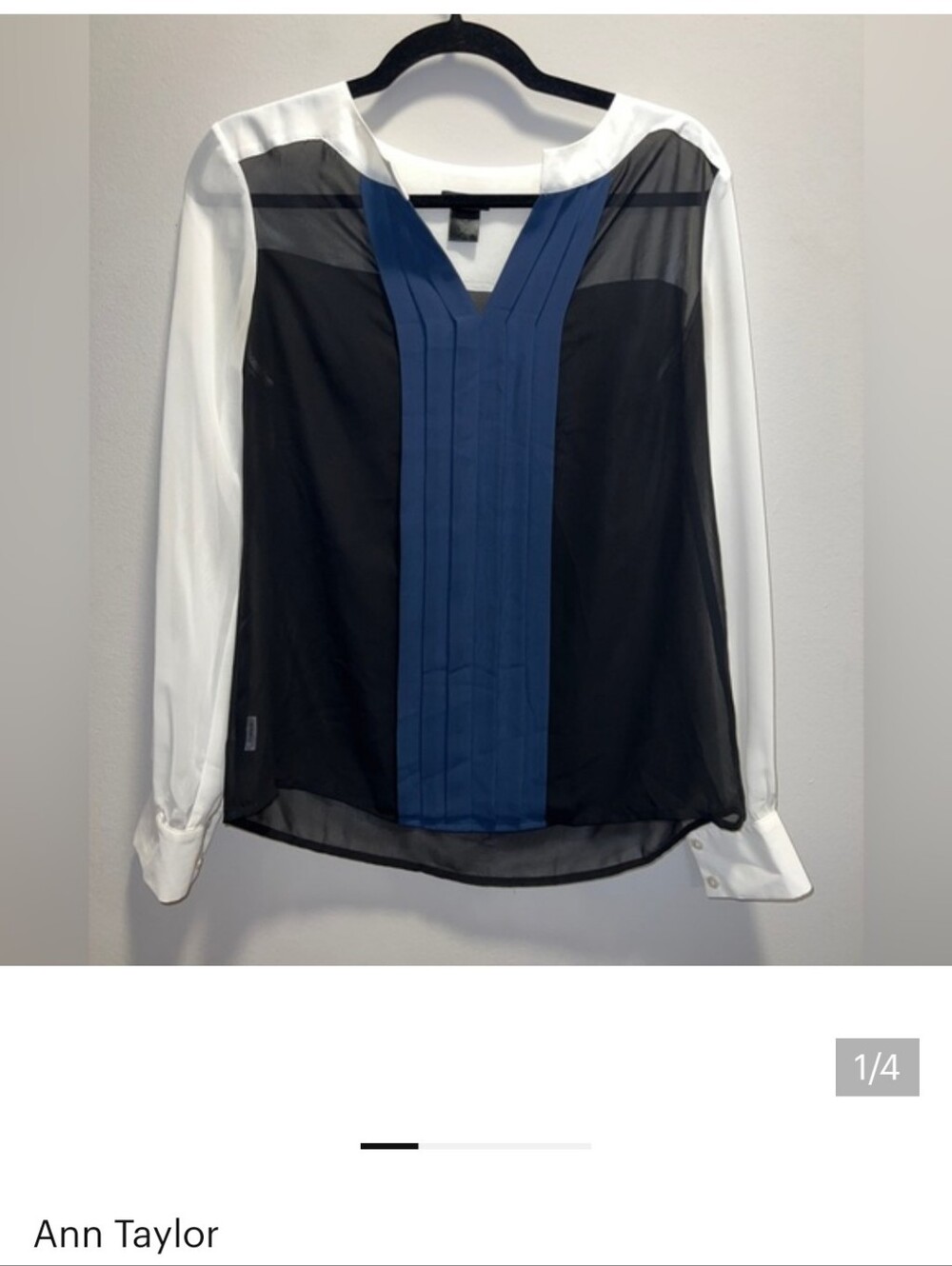 Ann Taylor Petite Colorblock Sheer Blouse Size LP - Black White Blue Pleated V-N